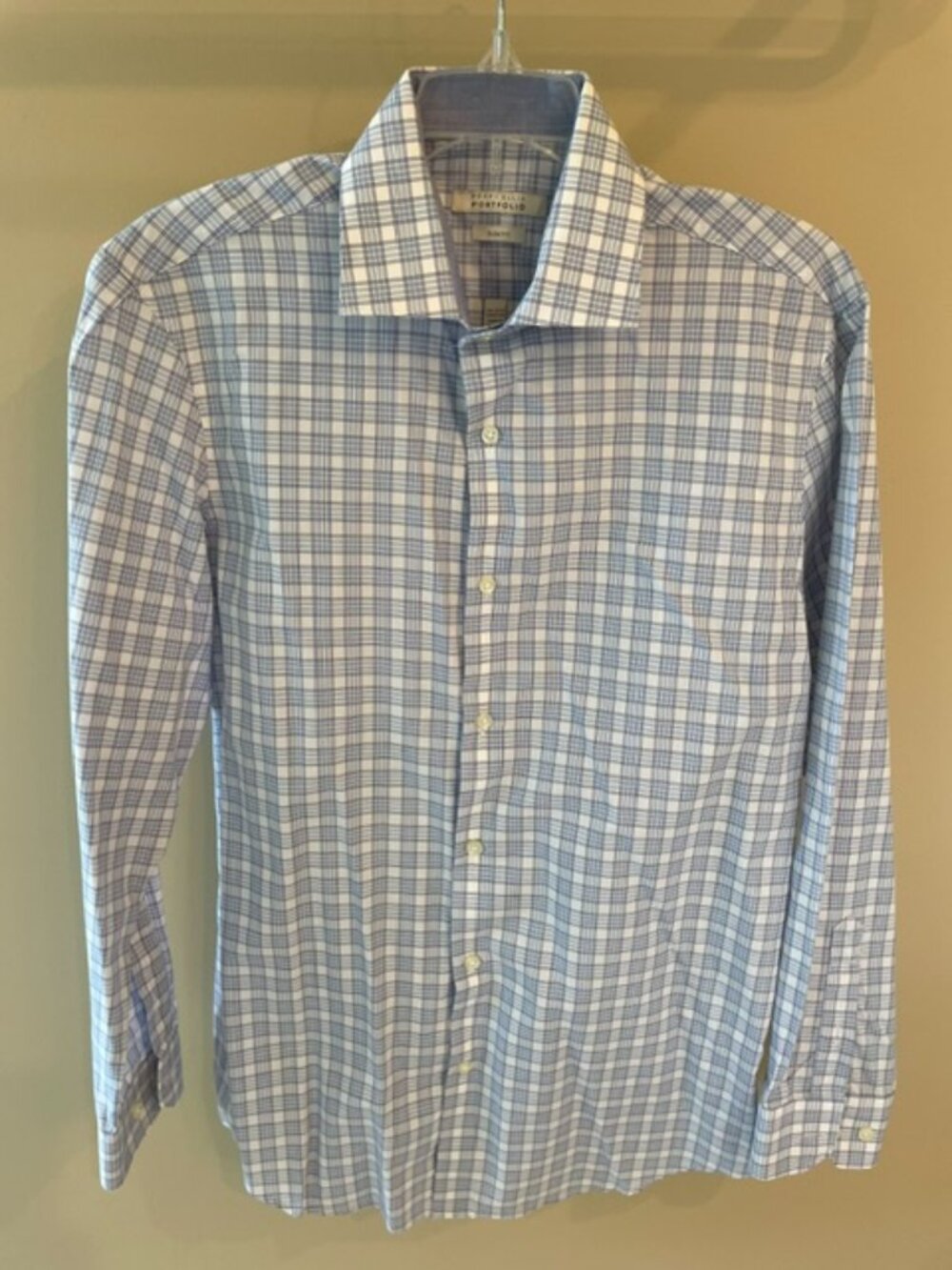 Men's Perry Ellis Portfolio Dress Shirt in light blue and navy check. Slim Fit